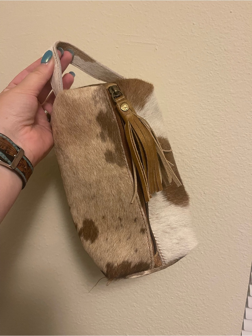 Neutral Cowhide Wristlet Bag with Tassel